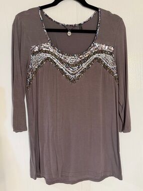 BKE Taupe Long Sleeve Tee with Sequin Chevron